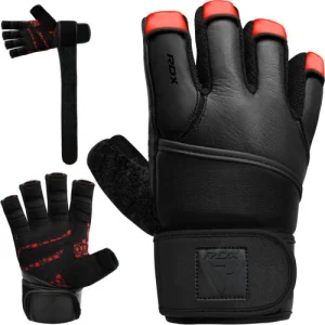 RDX L7 Luva Ginástica De Levantamento De Peso Em Couro Vermelho & Preto
